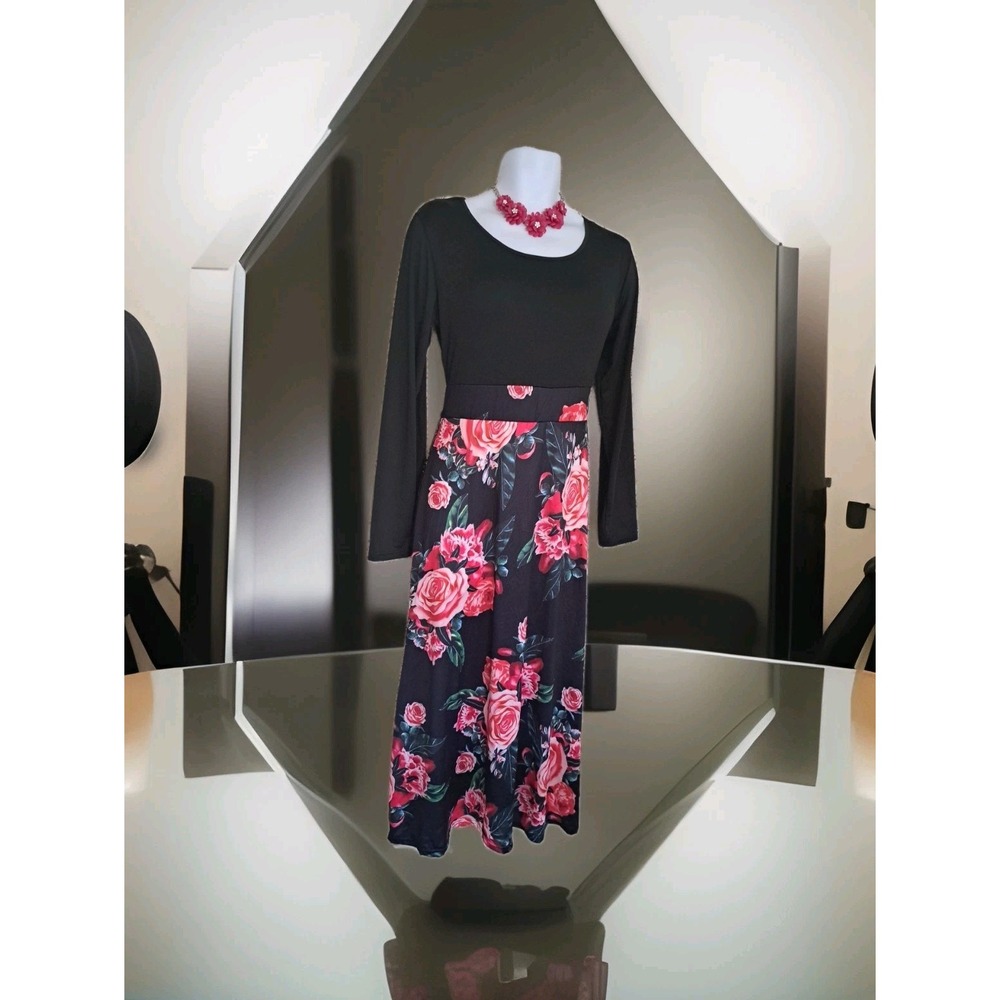 Maxi Dress 3X Black with Pink Floral Long Sleeve Unbranded Peasant Cottage Boho